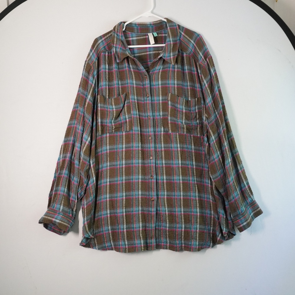 PILCRO Womens 3X Plaid Button Down Long Sleeve‎ Shirt Brown Blue Pink Long Comfy